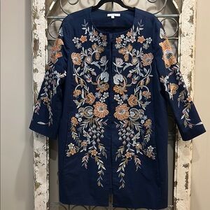 Embroidered Navy Jacket with Floral Design